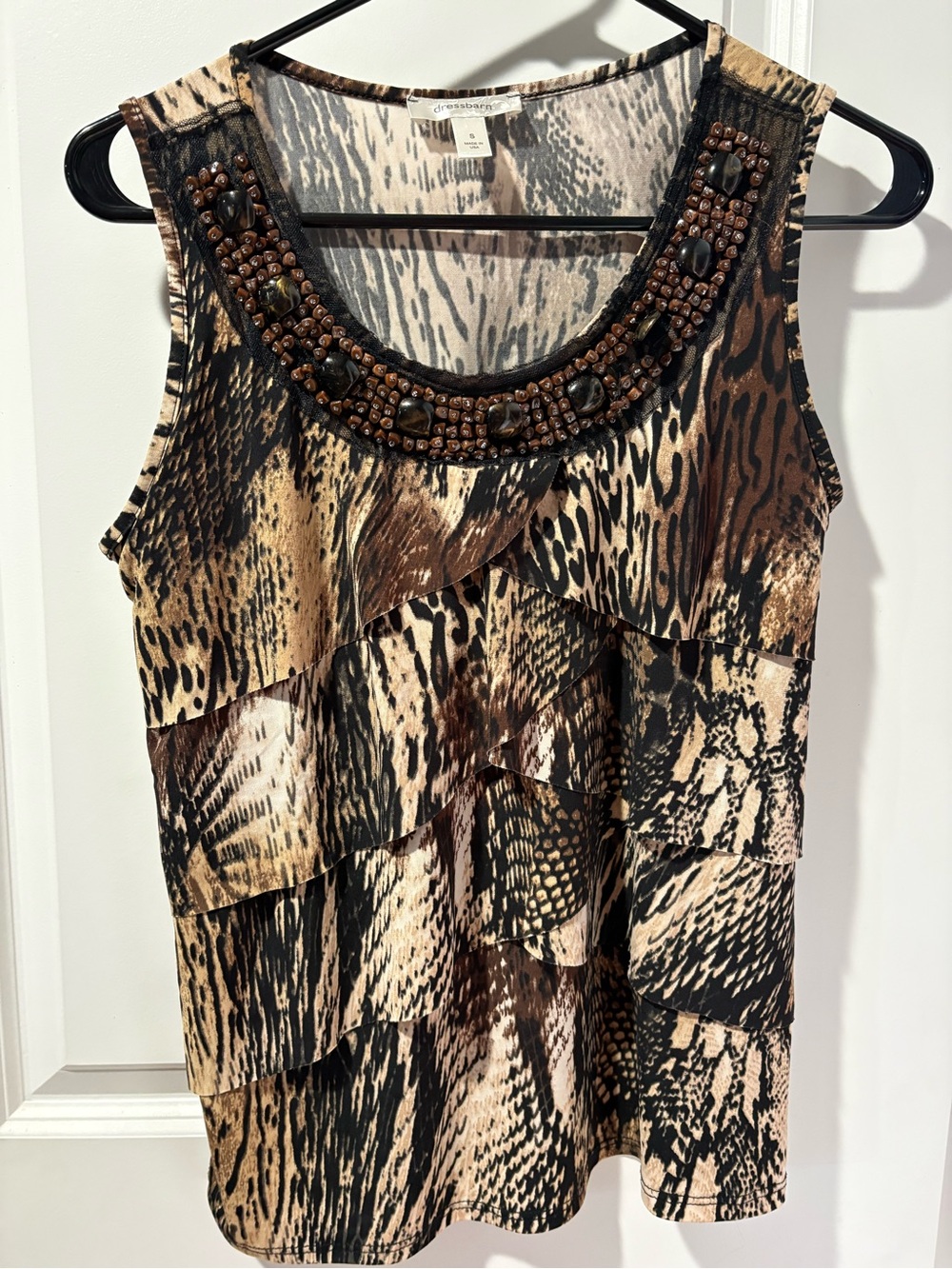 dressbarn Brown and Black Animal Print Beaded Ruffle Tank